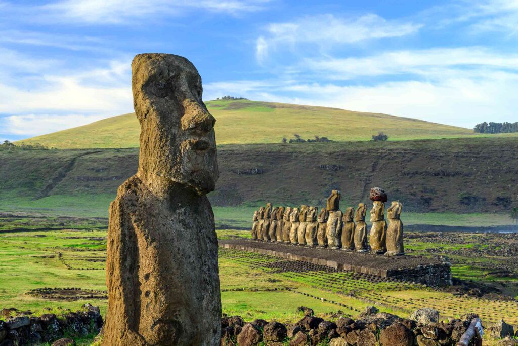 A moai statue near the Tongariki archaeological site on Easter Island, Chile