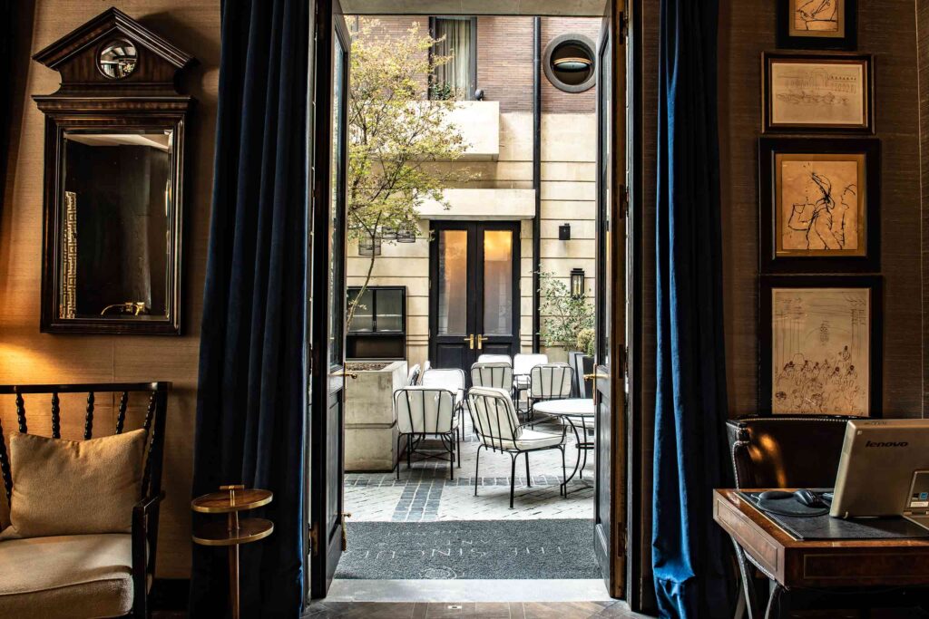 View into a courtyard from Bar Merced in the Chilean capital
