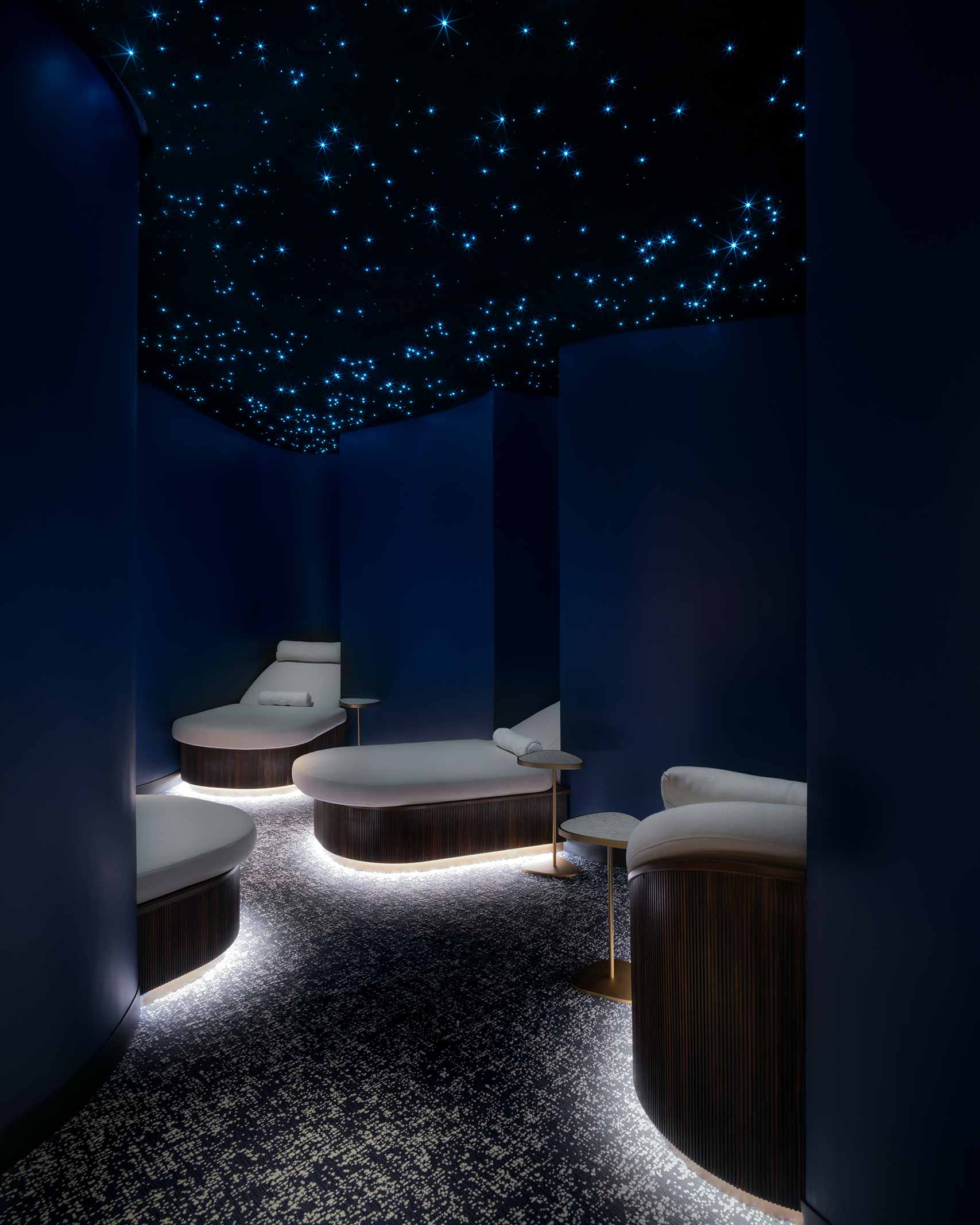 Spa relaxation area at the Lapiz Spa and Wellness and Fontainebleau Las Vegas, celestial lighting and contemporary design
