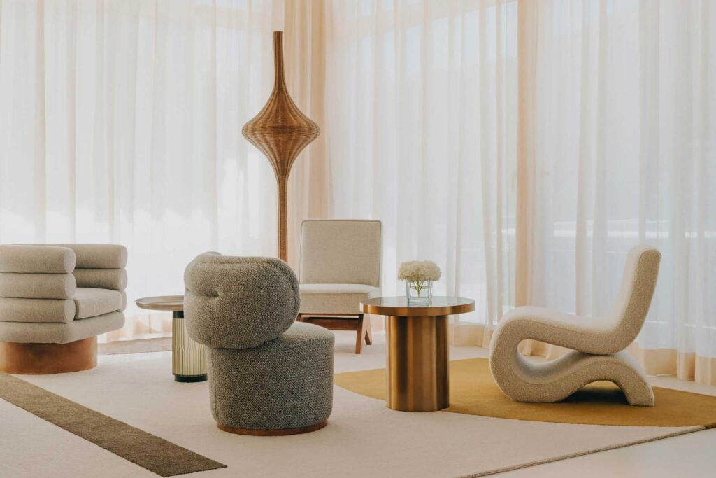 Interior design at Mondrian Ibiza with custom seating and sculptural lighting