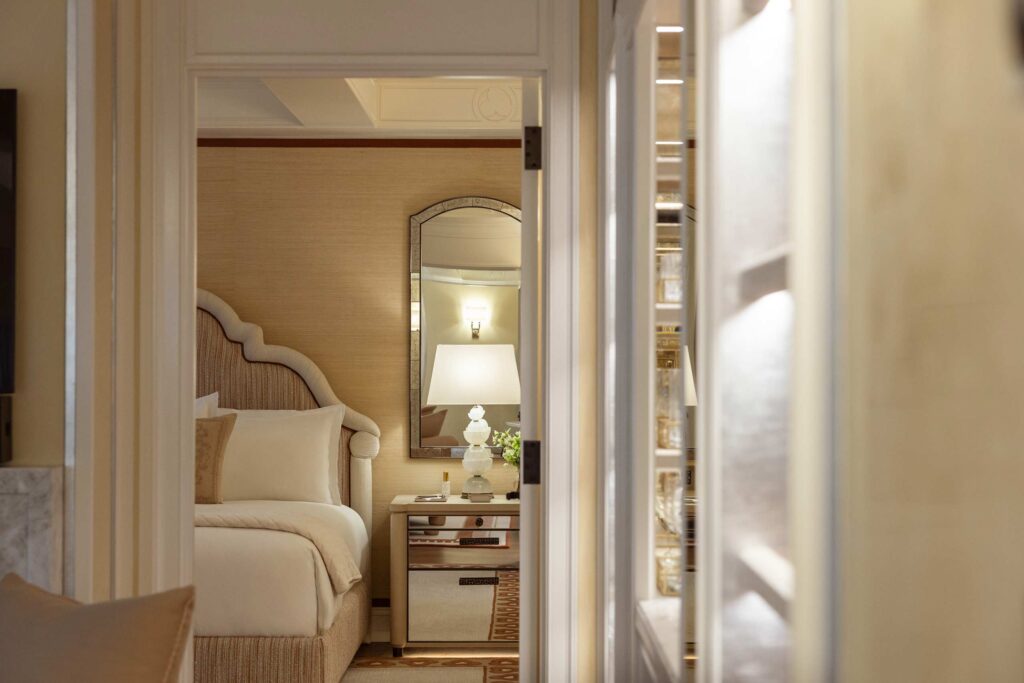Detail of bedroom interiors in suite at The Surrey