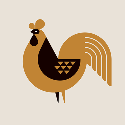Chinese zodiac illustration (in gold and black) of a Rooster