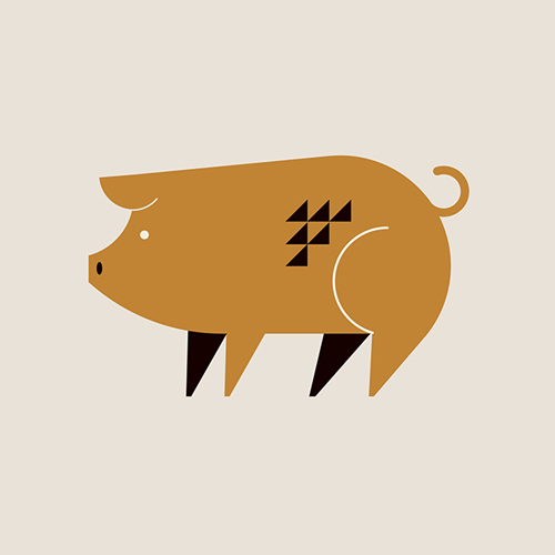 Chinese zodiac illustration (in gold and black) of a Boar