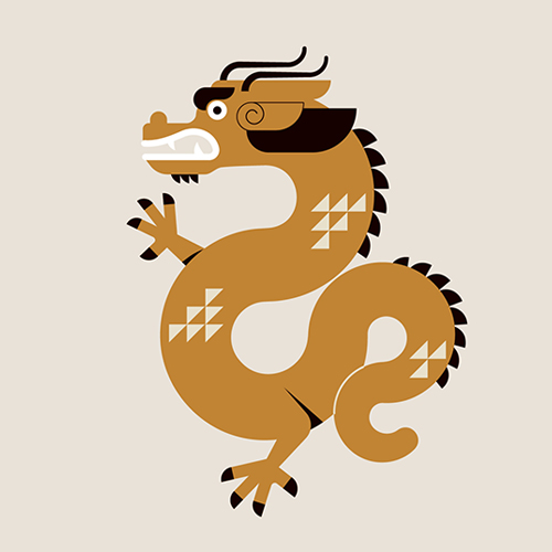 Chinese zodiac illustration (in gold and black) of a Dragon