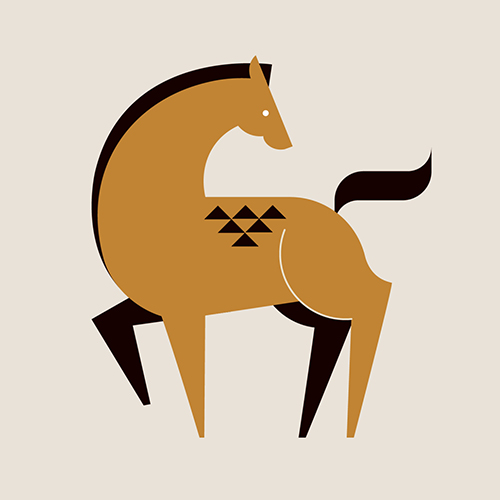 Chinese zodiac illustration (in gold and black) of a Horse