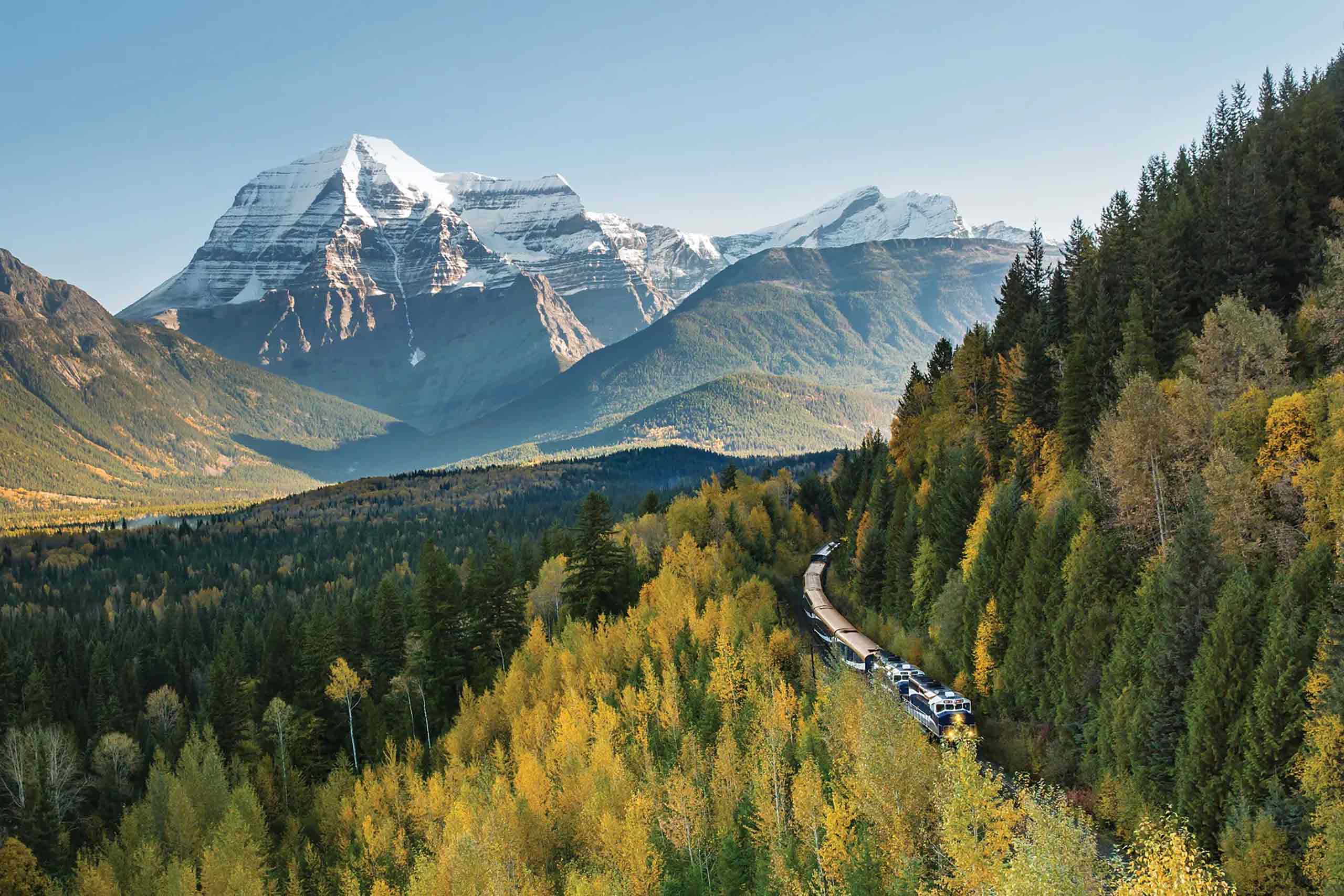 Aerial view of the Rocky Mountaineer snaking its way through rural Canada