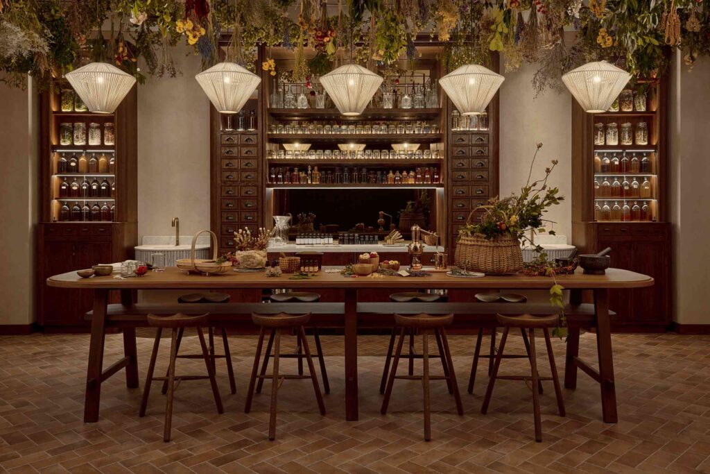 Alchemy Bar at Six Senses London, with botanicals and lamps hanging from the ceiling, wood panelled apothecary shelves and a large, communal wood table and stools