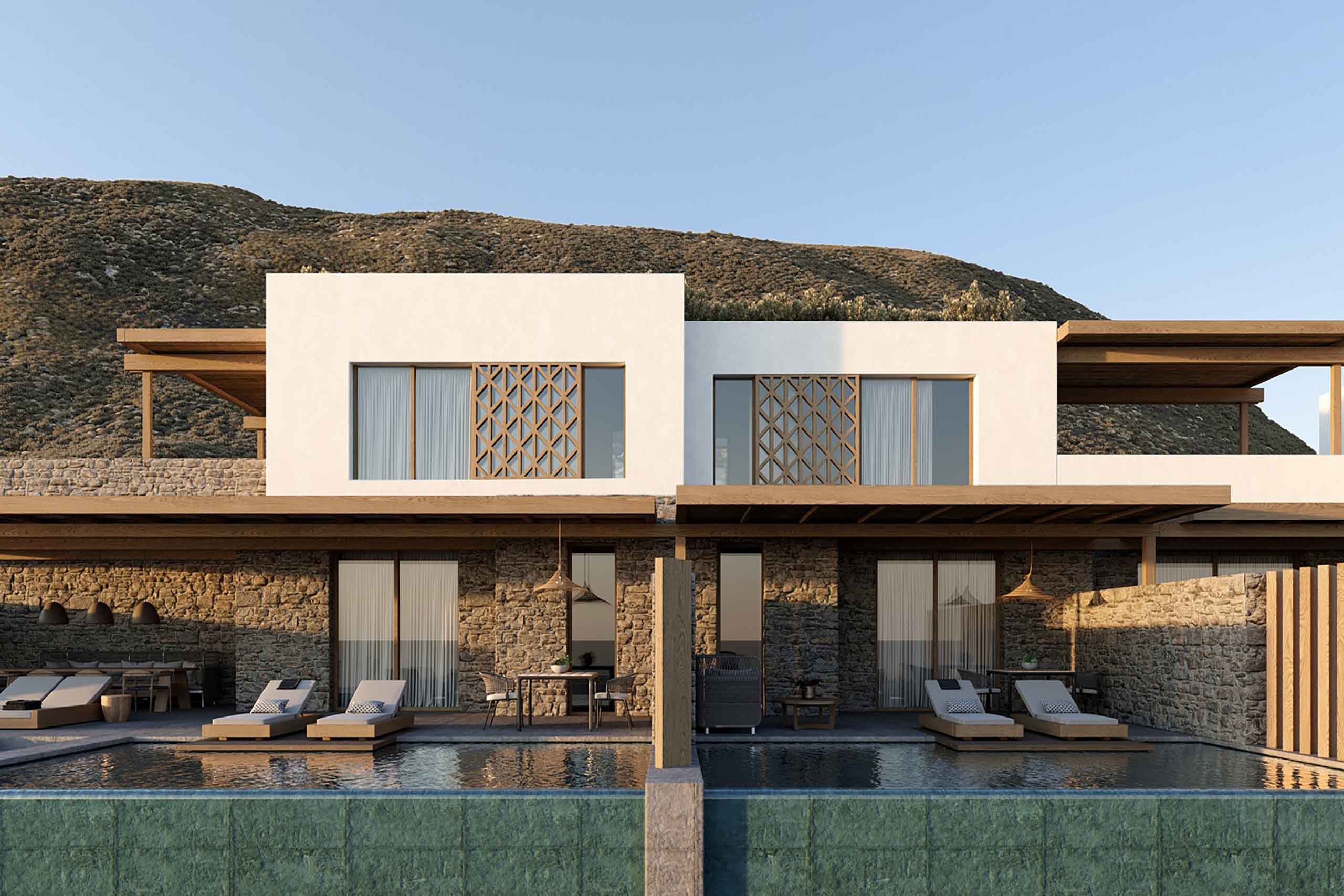 Architecture of the suites at The Coast at Bill & Coo, Mykonos – cuboid Cycladian design meets bare stone and private plunge infinty pools