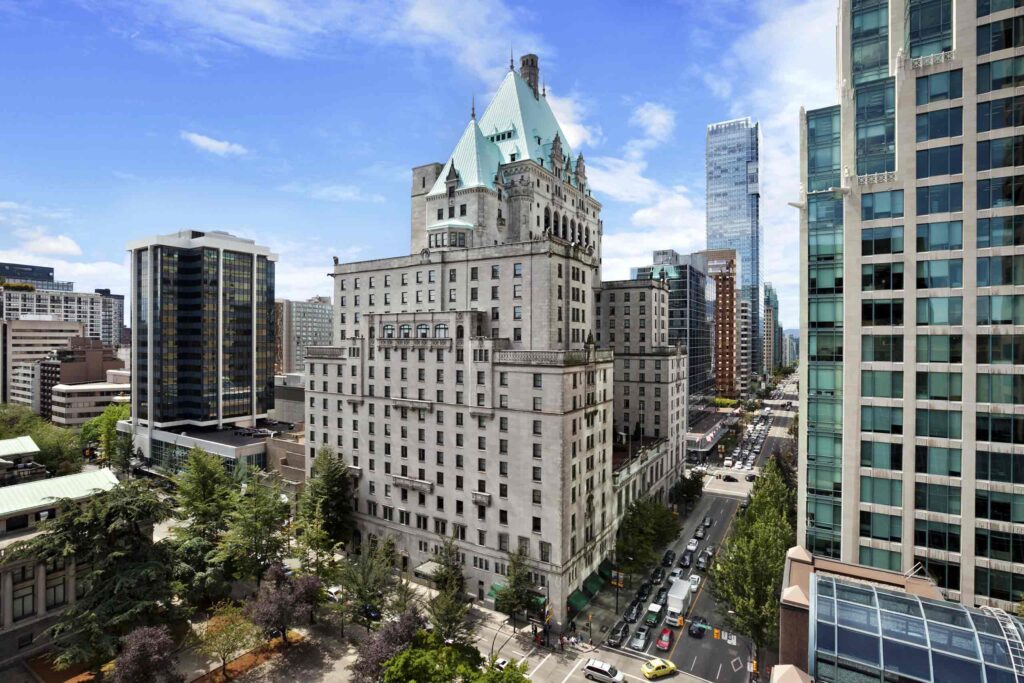 The mint-green copper roof in a chateau style of the Fairmont Hotel Vancouver, Canada
