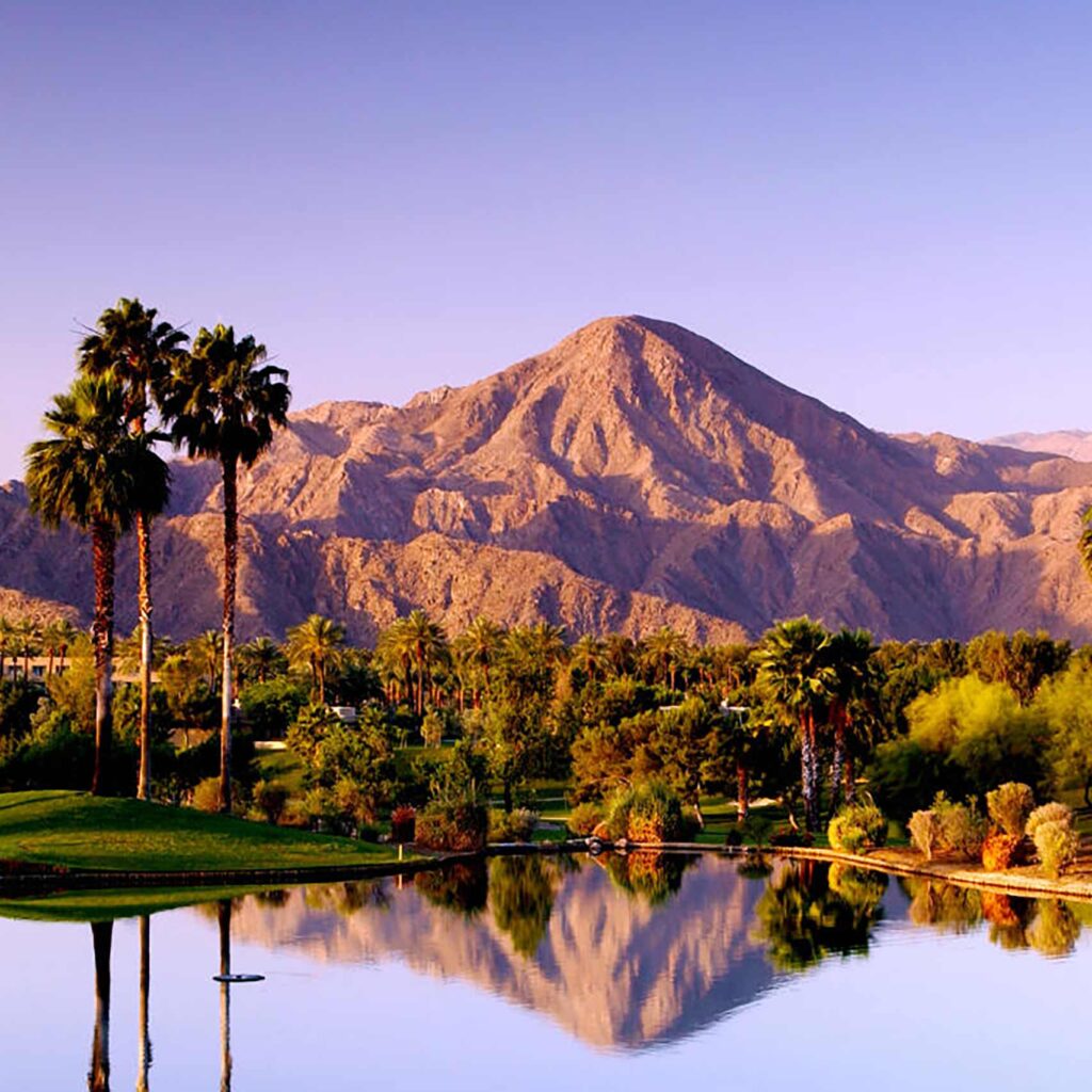 A lake in the foreground reflects a mountain range while palms grow in mid ground. In the background, a mountain rises to meet a lavender watercolour sky