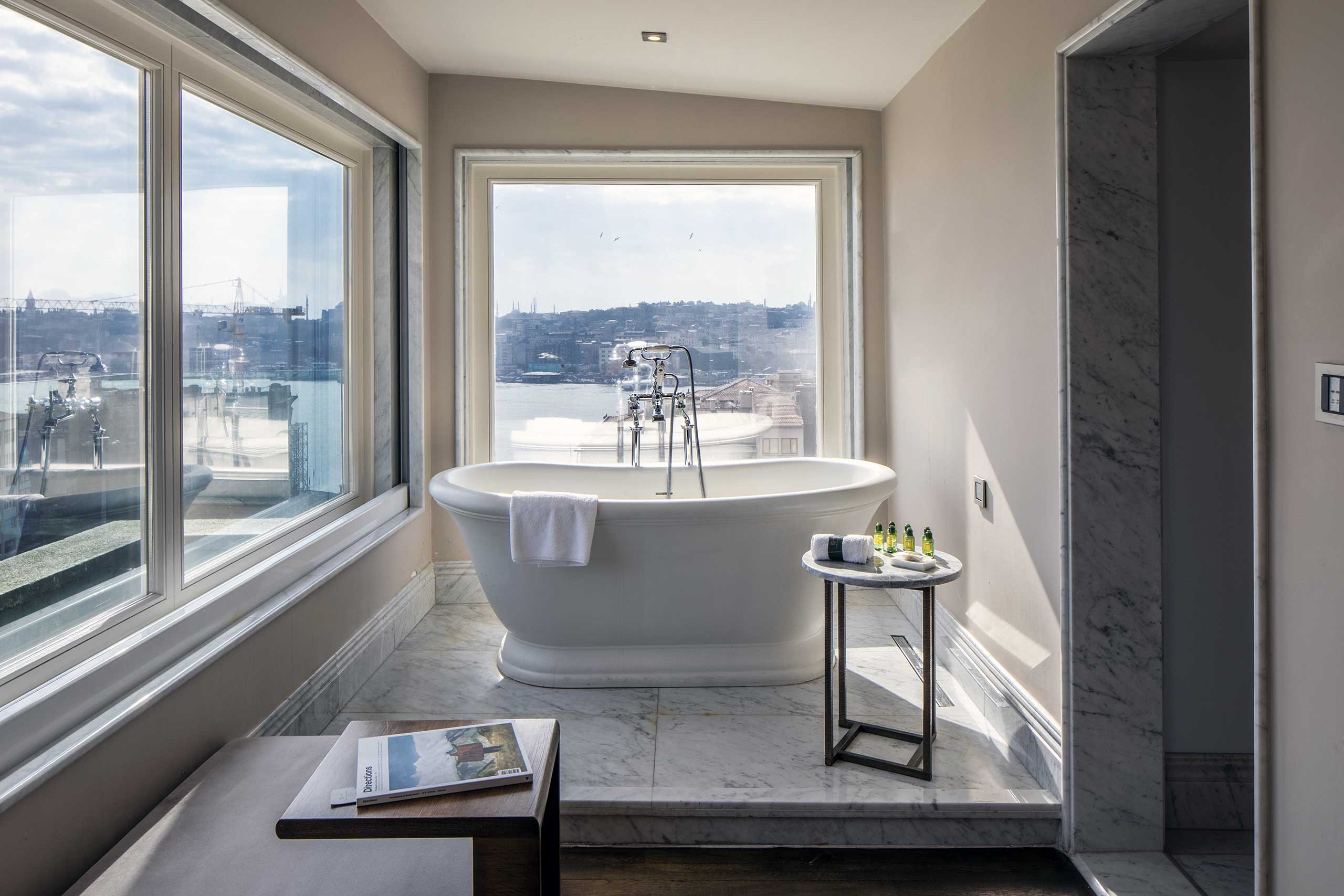 A bathtub with a view over Istanbul and the Bosphorus at The Bank Hotel Istanbul, a Member of Design Hotels, Istanbul, Türkiye