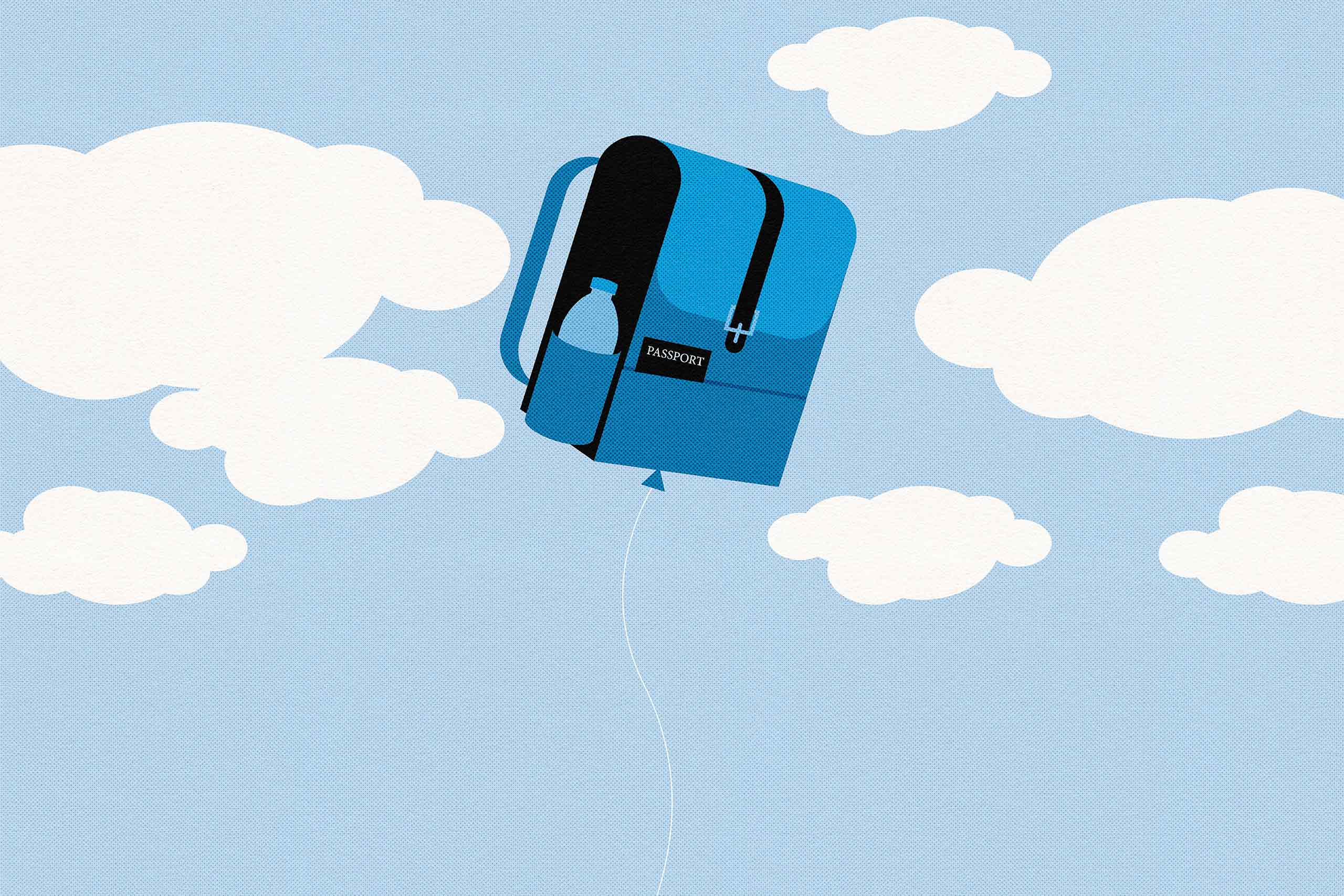 Illustration of a backpack flying across the skies as a kite, to illustrate the idea of travelling light
