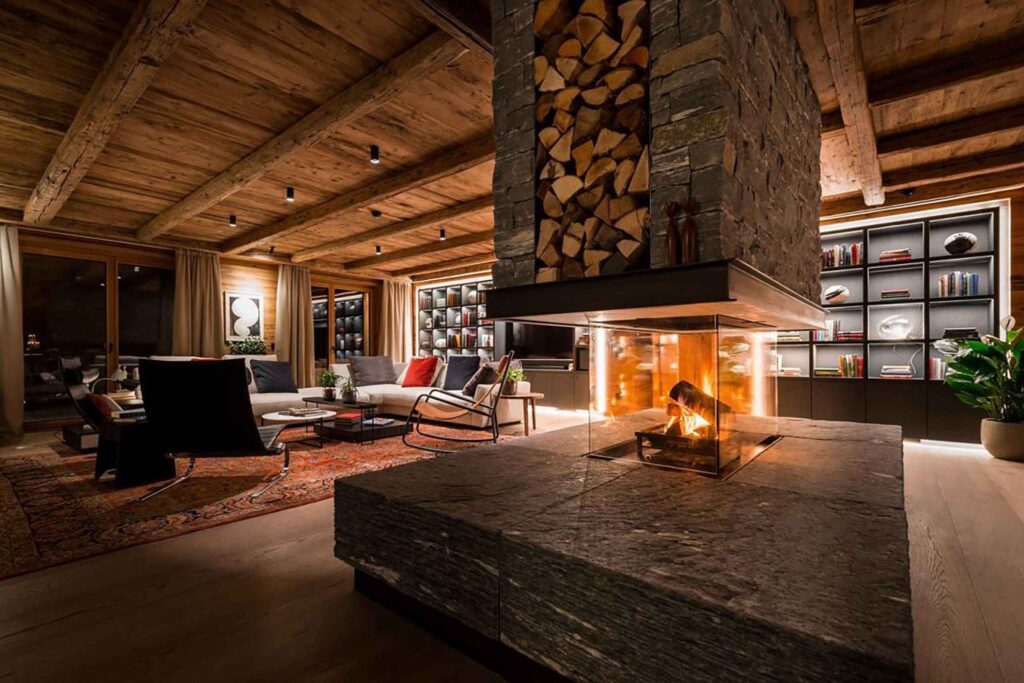Interiors of a luxury chalet with fireplace