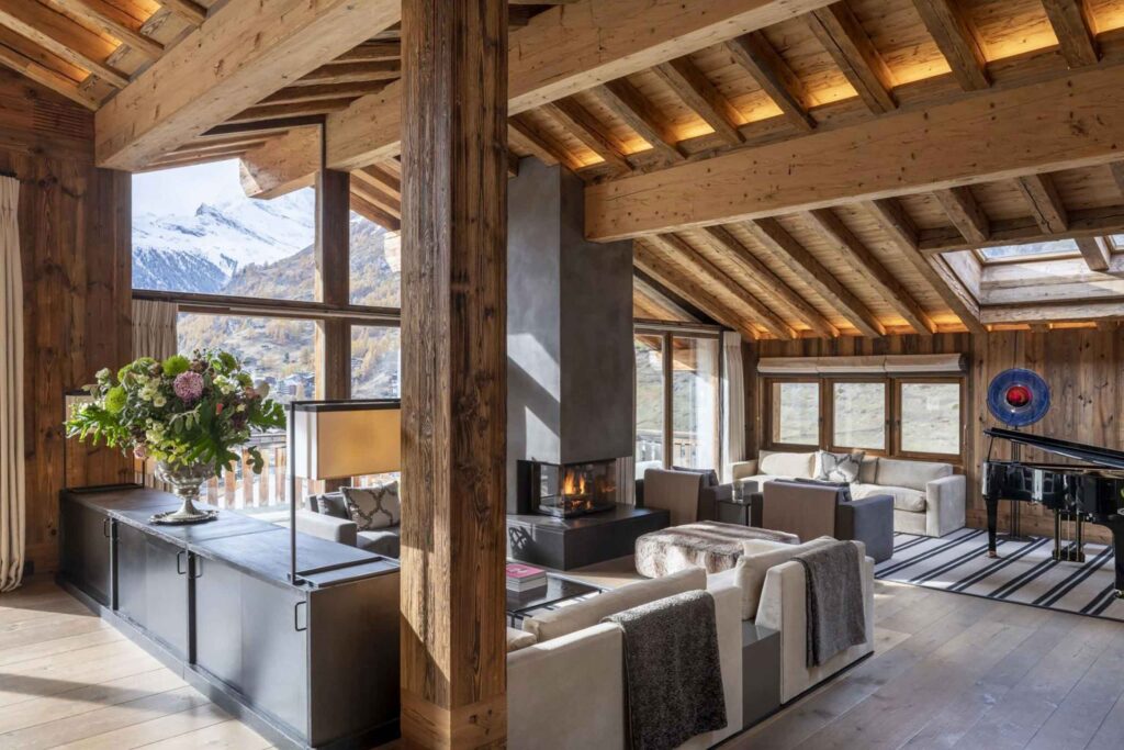 Interiors of a luxury chalet with fireplace