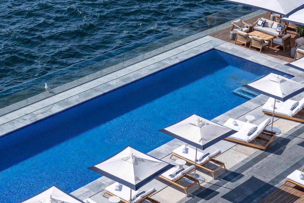 View over the Abelia Pool, which straddles the Bosphorus