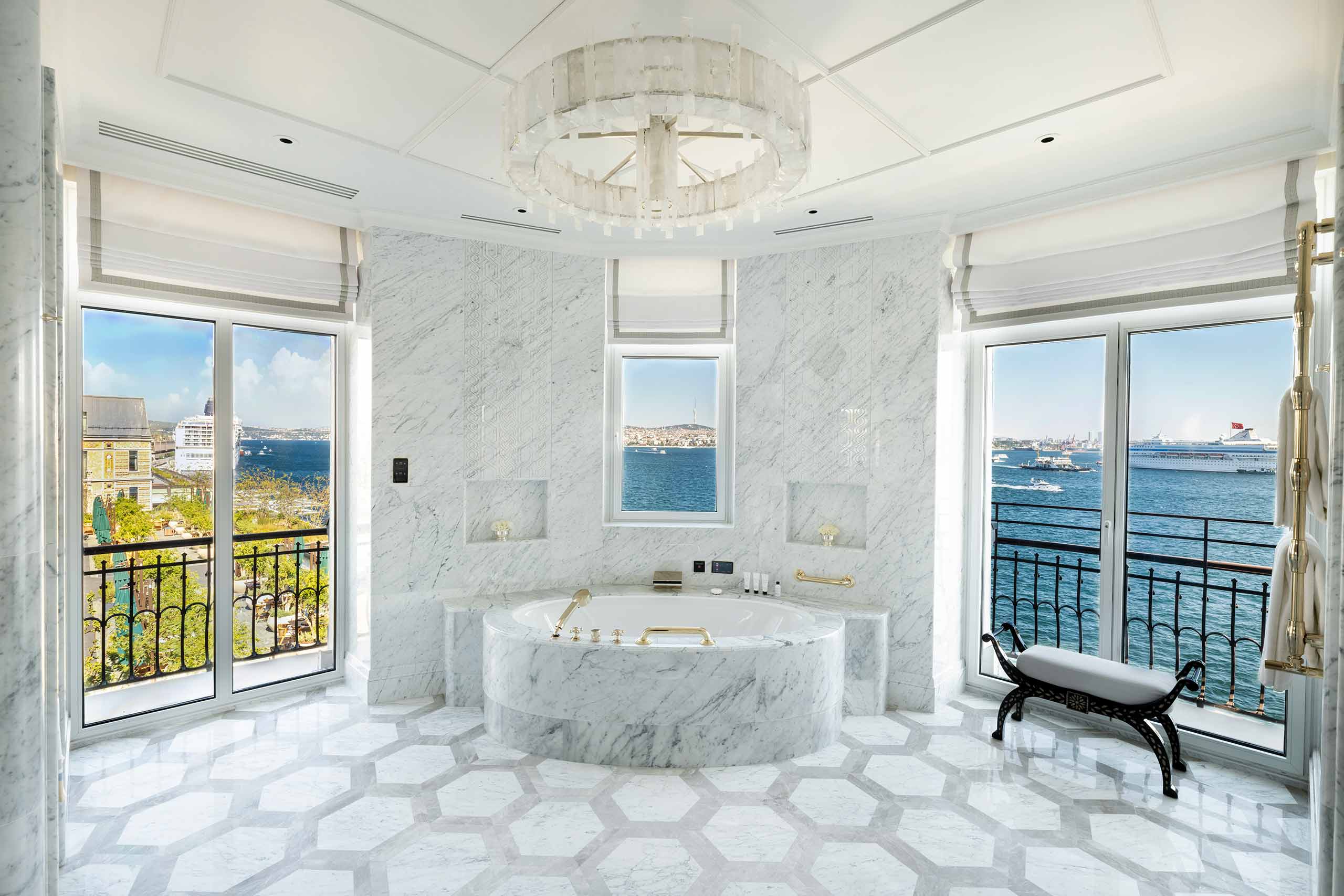 A bathtub with views over the Bosphorus, part of The Peninsula Suite at The Peninsula, Istanbul, Türkiye