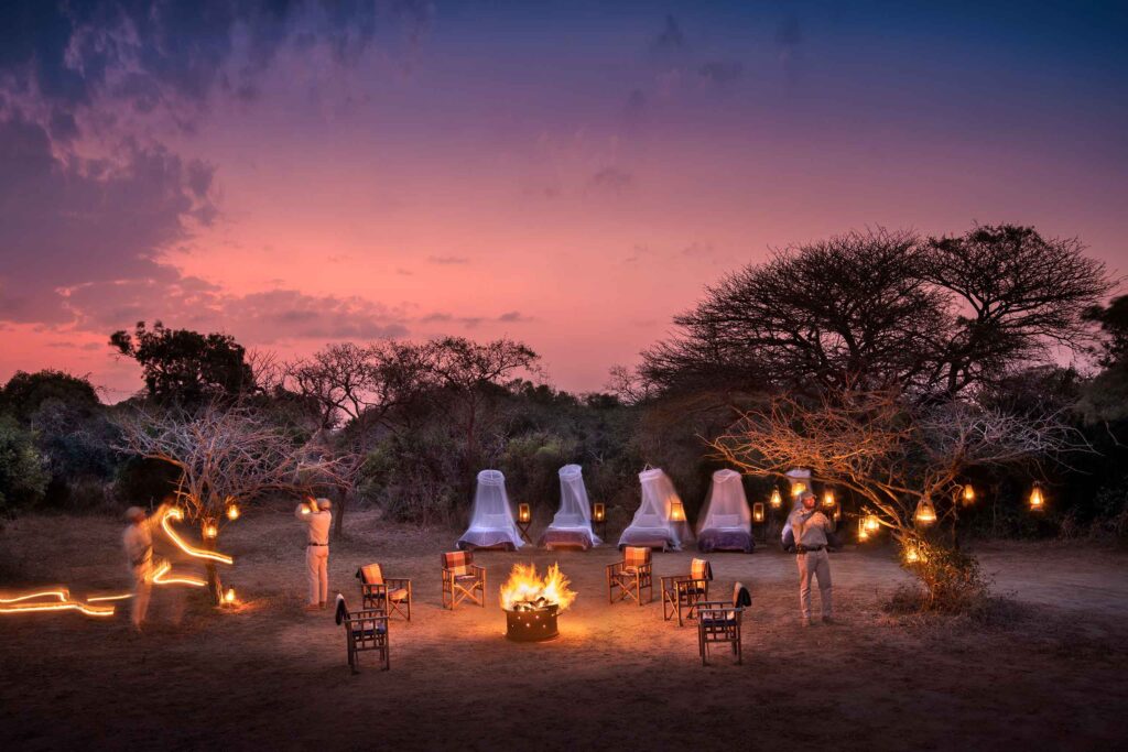 Team members are hanging lanterns in the trees during dusk in the South African bush, with a log fire and seating in the centre