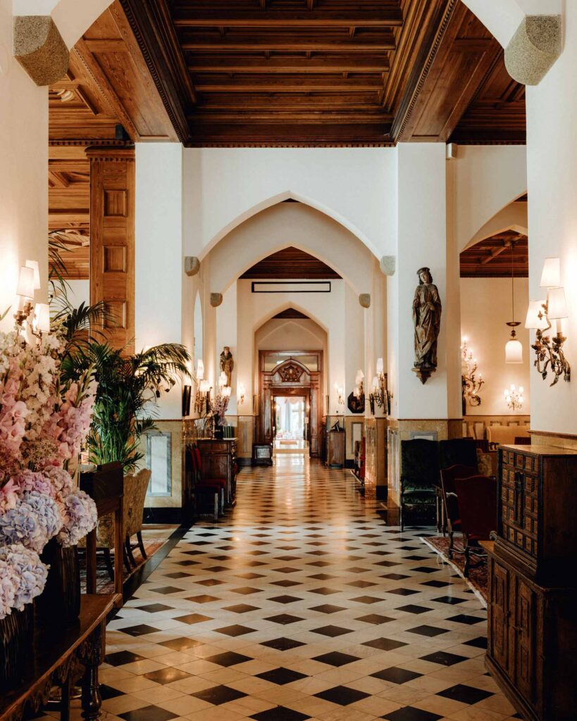 The opulent and light-flooded lobby of Badrutt's Palace Hotel, St Moritz, Switzerland