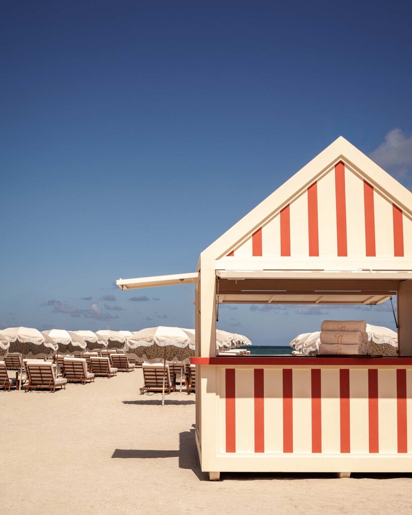 Gigi Rigoletto beach front complete with shack and sunloungers on Miami Beach