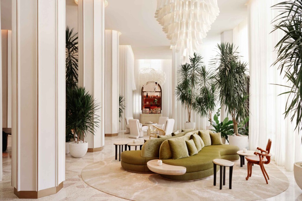 Reception of the Delano Miami Beach, with restored architectural flourishes, rouched curtains, velvet custom-built furniture, tropical plants and original Gaudi and Dali chairs at the Delano Miami Beach