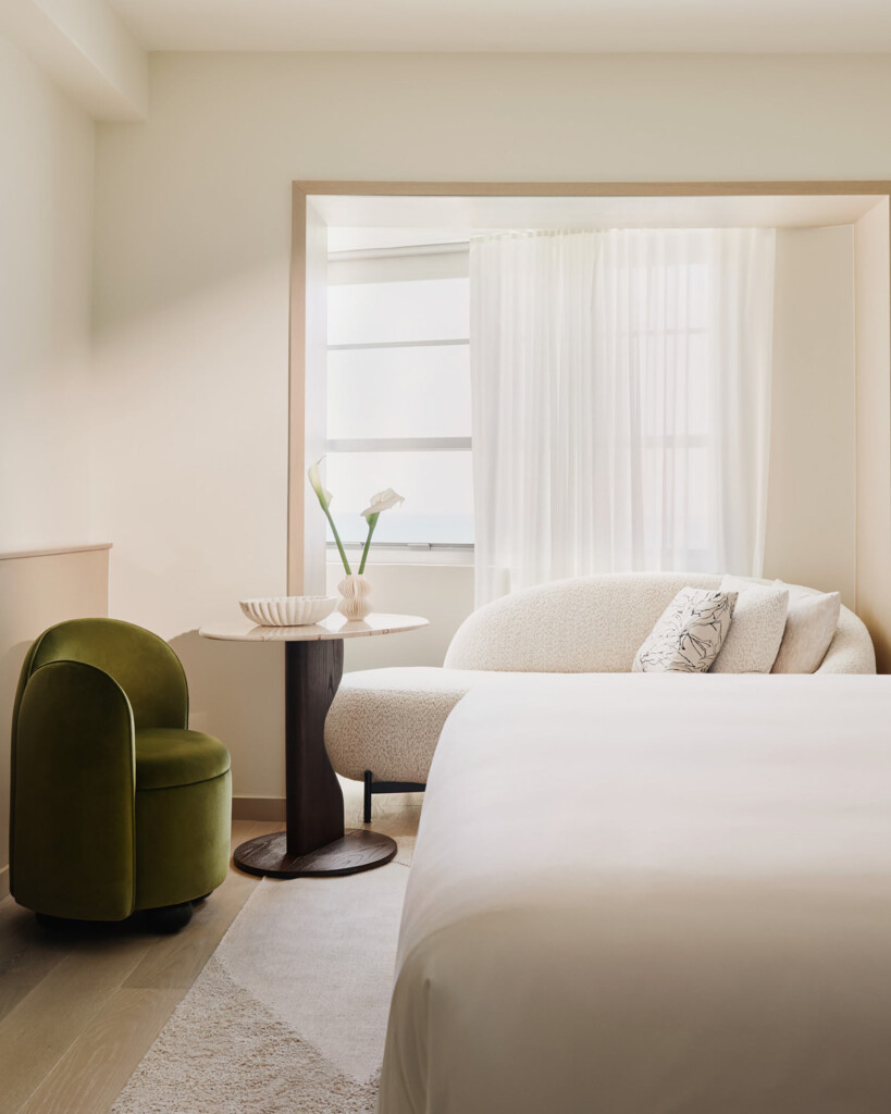 Bedroom detail and furnishings, a tribute to Philip Starck minimalism at Delano Miami Beach