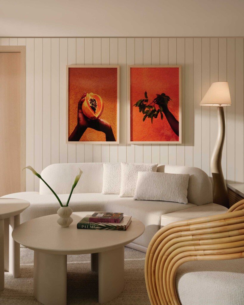 Delano Miami Beach bungalow interior details, all white furnishings and bright orange accent art