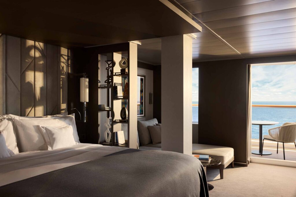 Bedroom decor, muted colours, terrace with sea view, EXPLORA I