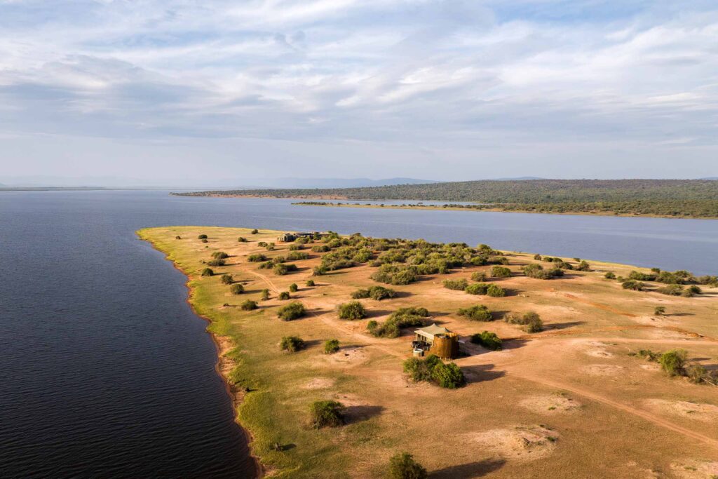 Aerial view of Wilderness Magashi Peniinsula in Akagera National Park, Rwanda
