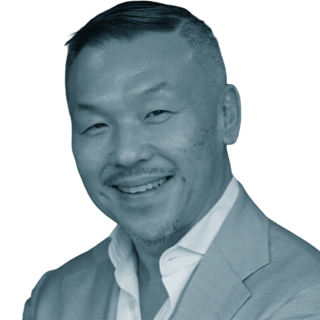 Portrait cut out of Kelly Teo, tinted blue. Kelly is an Asian man with short hair, moustache and a big smile.