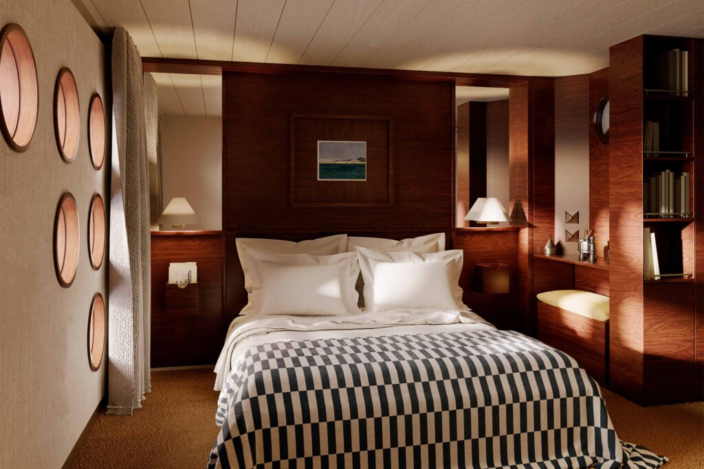 Rendering of a cabin onboard Captain Arctic by SELAR, with wood panelled detailings, round cabin porthole windows and hotel-style furnishings