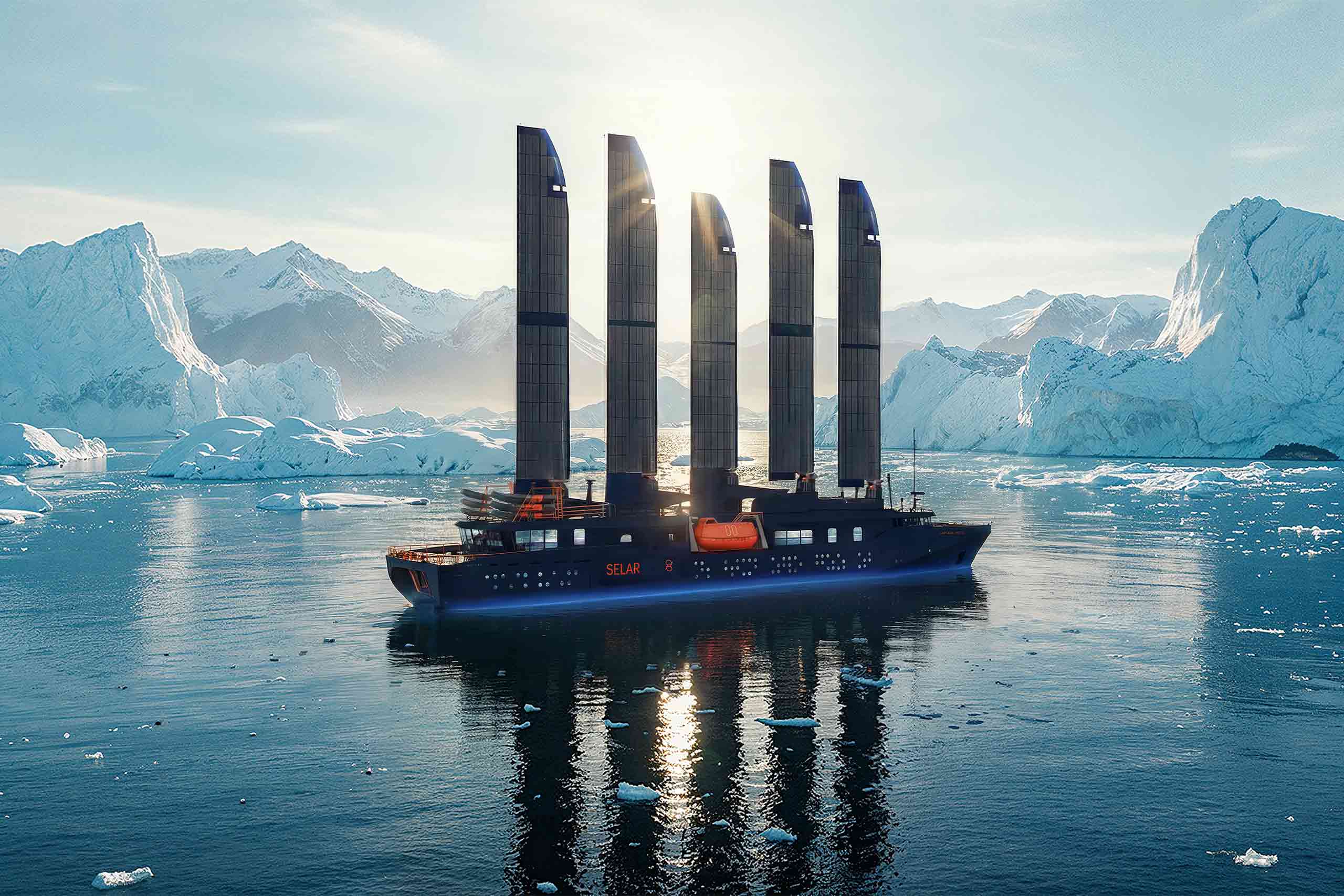 Rendering of SELAR Captain Arctic shop, with its solar panel sails extended capturing the sunshine while floating in the Arctic amidst glaciers and ice formations