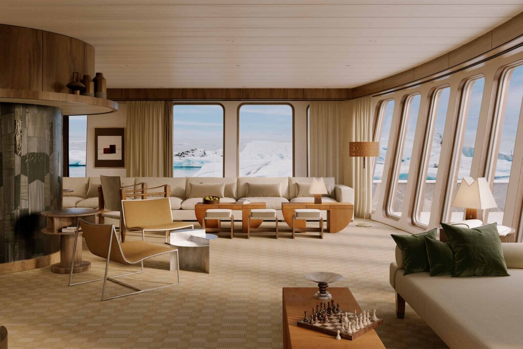 Rendering of the communal lounge area of the Captain Arctic by SELAR with its floor to ceiling windows and contemporary Scandinavian style furnishings