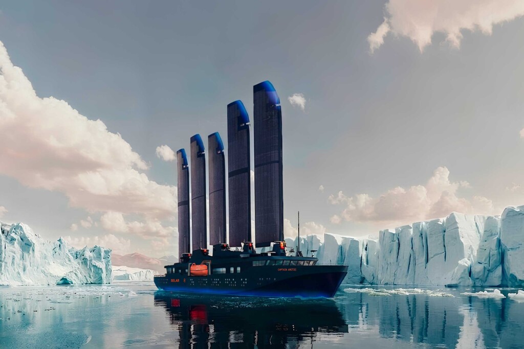 Rendering of SELAR Captain Arctic shop, with its solar panel sails extended while floating in the Arctic amidst glaciers and ice formations