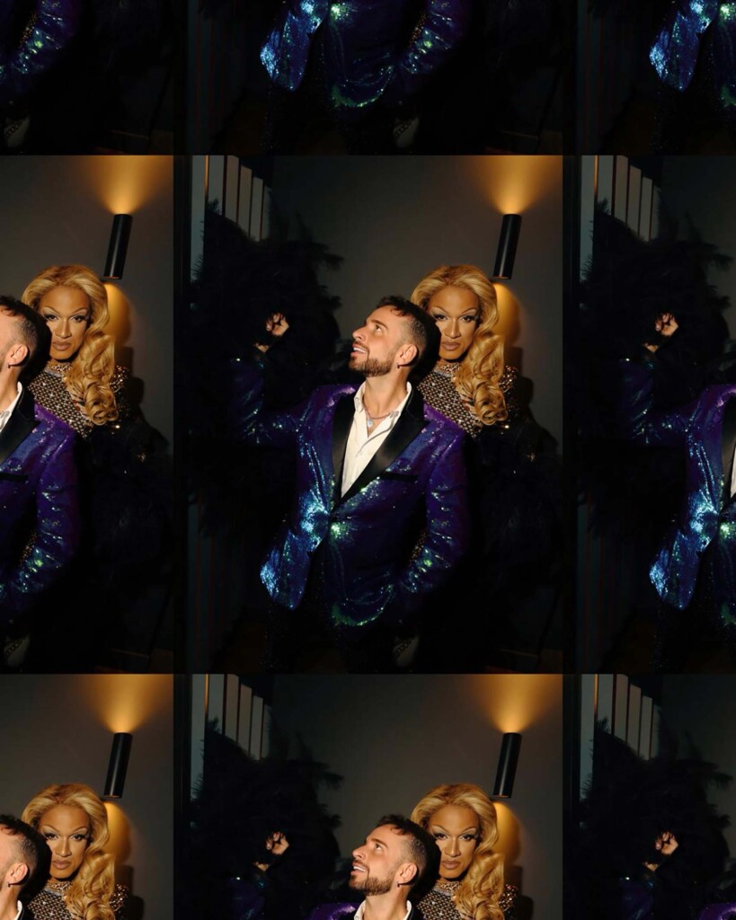 Photobooth style montage of Amsterdam-based entertainer and content creator Gio Diekema stands in front of a drag queen. He has tanned skin, black hair and a moustache and beard. He wears a purple sequined tuxedo with black lapels and a white shirt unbuttoned to show his necklace and chest hair. The drag queen is of Afro-Caribbean descent and has beautiful curly blonde hair and a black and gold mesh dress. They are performing for WorldPride Amsterdam at Avani