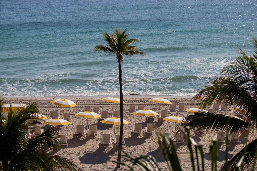 Beachfront at Four Seasons Hotel and Residences Fort Lauderdale, with yellow and white striped umbrellas and sunloungers facing the sea. Palm trees flank the foreground