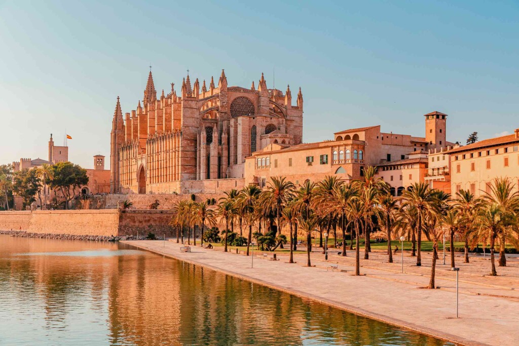 The cathedral of Palma de Mallorca in golden hues at sunset