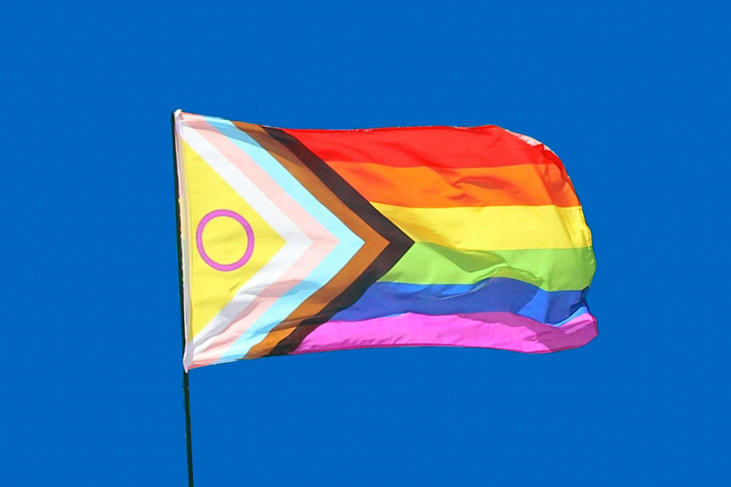 A Progress Flag caught in the wind in front of a clear blue sky, a symbol of Intersectional Amsterdam